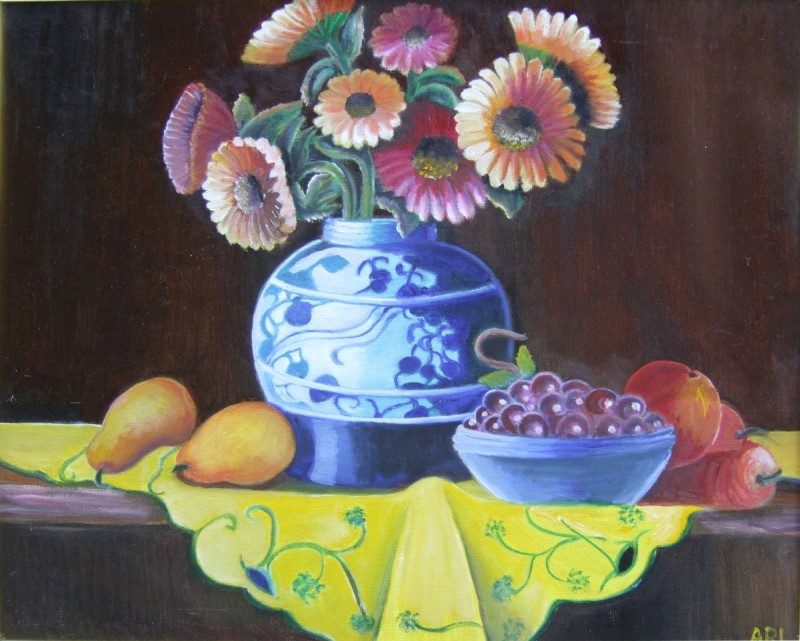 Still life painting of flowers and fruit