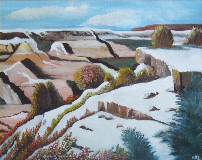 Painting of the Grand Canyon under a blanket of snow