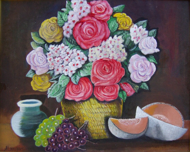 Painting of yellow vase with a bouquet of roses and other flowers surrounded by fruit