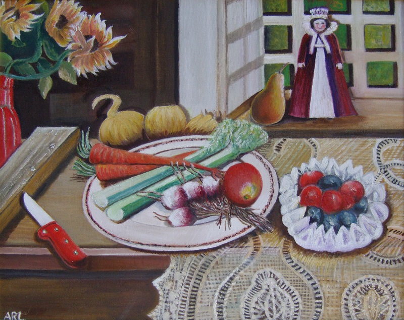 Painting of a table with vegetables and fruit illuminated by a window in the background