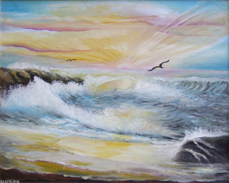 Painting of waves breaking on a beach with the sun setting on the horizon