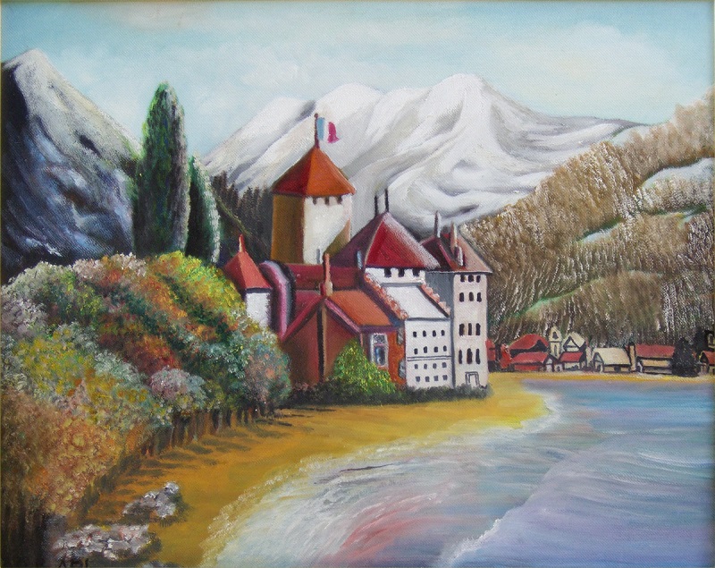 Painting of a village on a lake in the French Alps