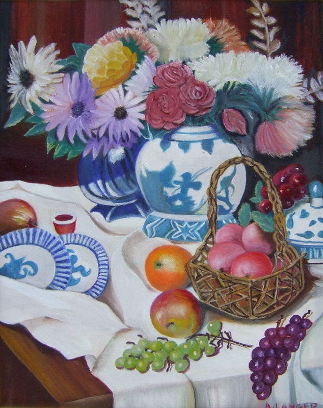 Painting of a fruit basket, grapes, and china on a white cloth with vases filled with flowers behind