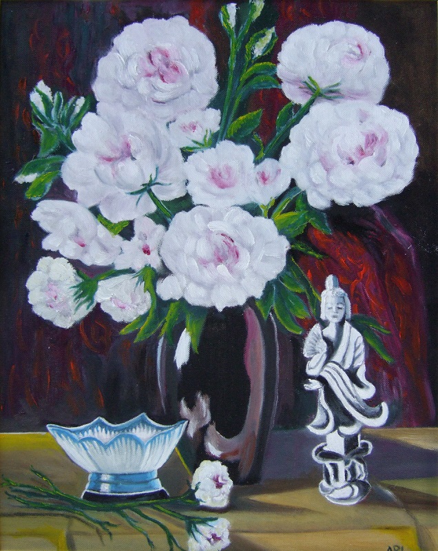 Painting of a dark vase filled with peonies flanked by a glass dish and a female Japanese figurine