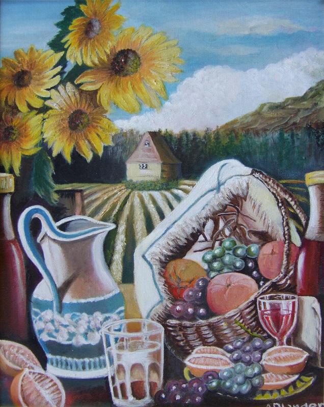 The painting has a table set with wine, a fruit basket, sunflowers, and a pitcher. Behind is a furrowed field, forest, sky. 