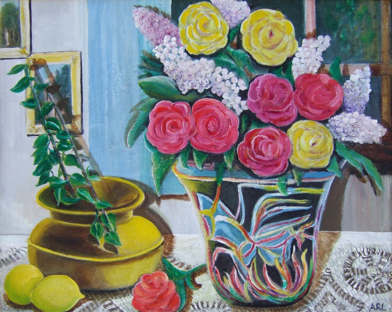 Painting of two vases, brass and ceramic, holding flora sitting on a lace tablecloth