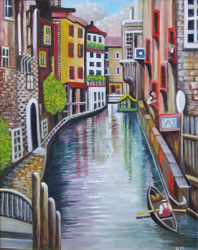 Painting of Venice Canal Street with gondola floating in right foreground
