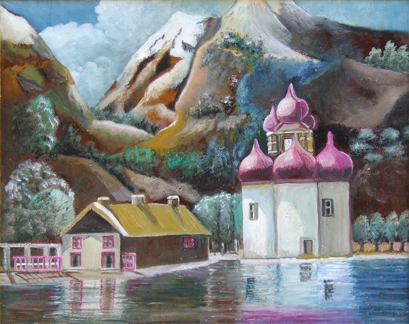 Landscape painting of mountain village on lake