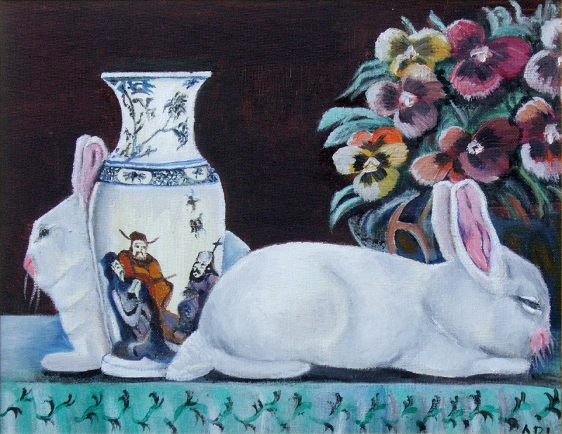 Painting entitled Rabbits and Vases