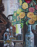 Painting entitled Peonies and Japanese Doll