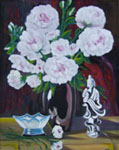 Painting entitled Peonies and Japanese Doll